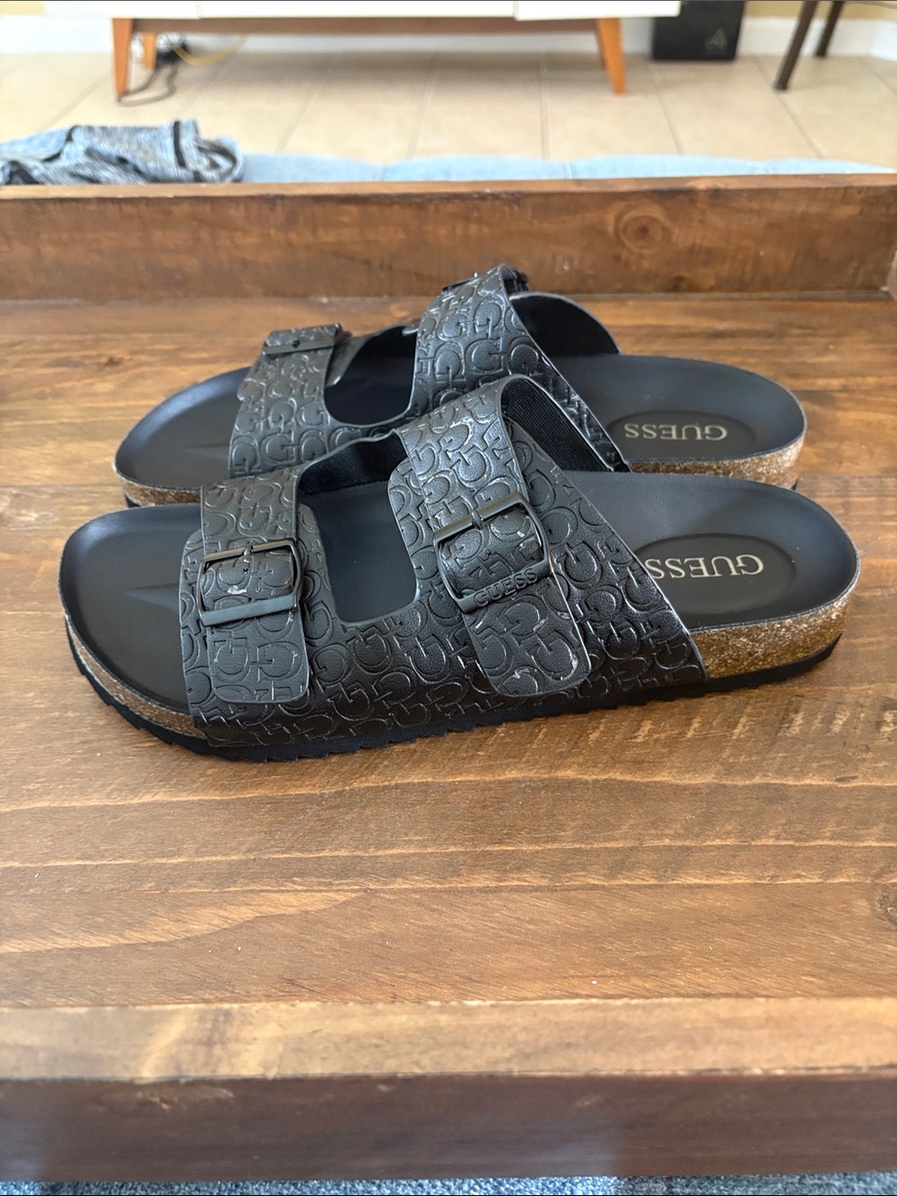 GUESS Black Embossed Double-Buckle Cork Footbed Slides